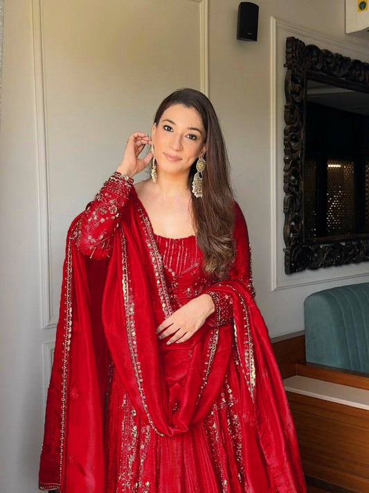 Embroidered Full Sleeve Gown Set with Coordinated Lehenga in Party Wear Style