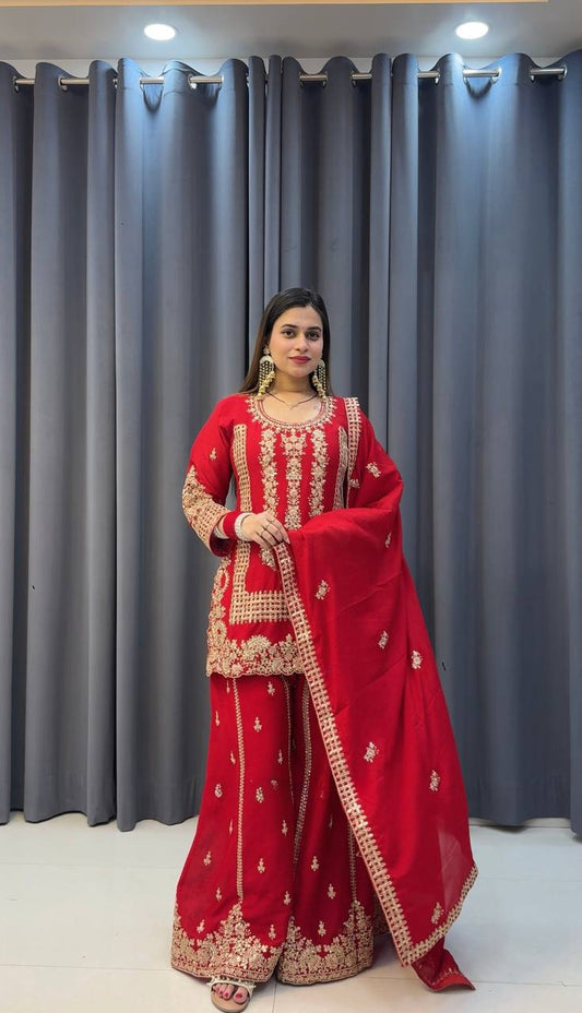 Premium Ethnic Designer Palazzo Ensemble in Heavy Blooming Faux Georgette Fabric