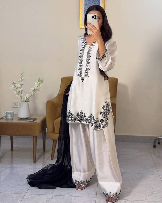 Party Wear Natural Crepe Top and Palazzo with Beads, Sequins, and Embroidery