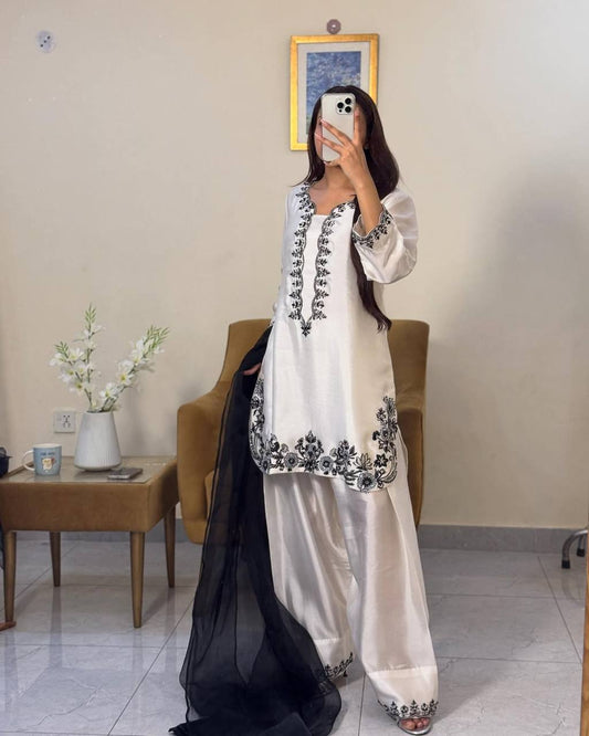 Party Wear Natural Crepe Top and Palazzo with Beads, Sequins, and Embroidery
