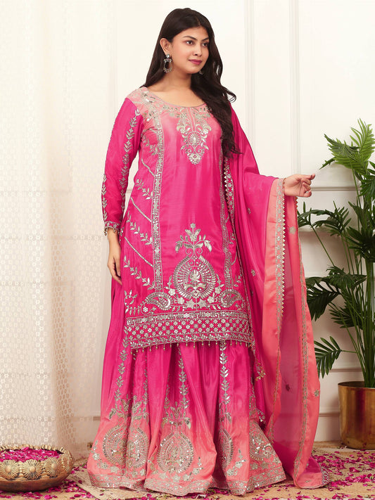 Designer Shaded Silk Co-ord Set Featuring Embroidery and Hanging Lace Detailing