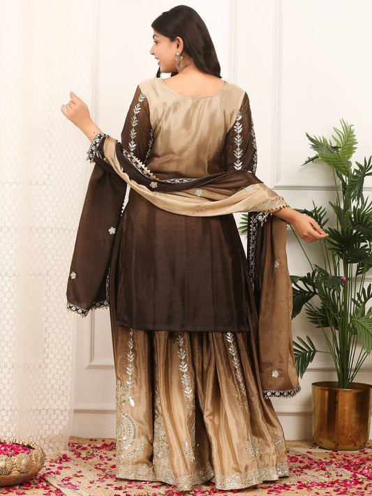 Designer Shaded Silk Co-ord Set Featuring Embroidery and Hanging Lace Detailing