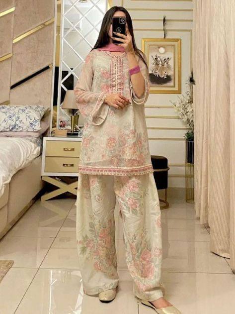 Designer Party Wear Pure Chiffon Georgette Top and Farshi Palazzo Set with Dupatta
