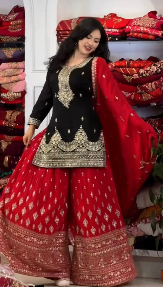 Full Embroidered Chinon Silk Suit Set with Sequins and Matching Dupatta