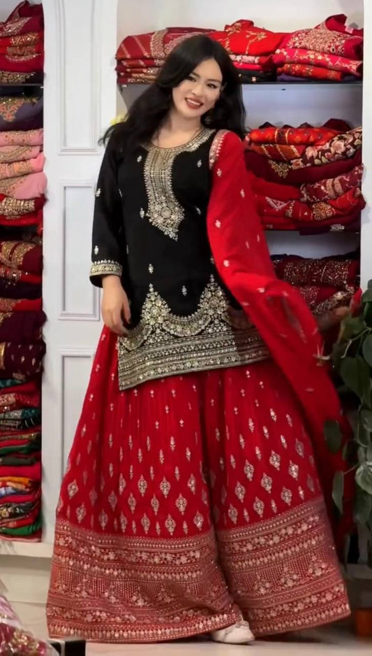 Full Embroidered Chinon Silk Suit Set with Sequins and Matching Dupatta