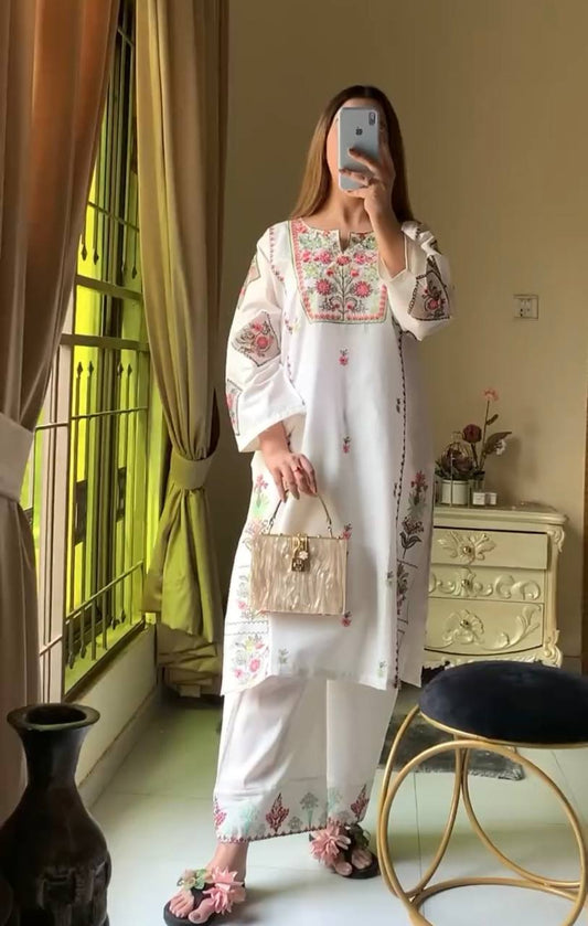 Premium Heavy Rayon Silk Suit Set with Embroidered Top and Palazzo