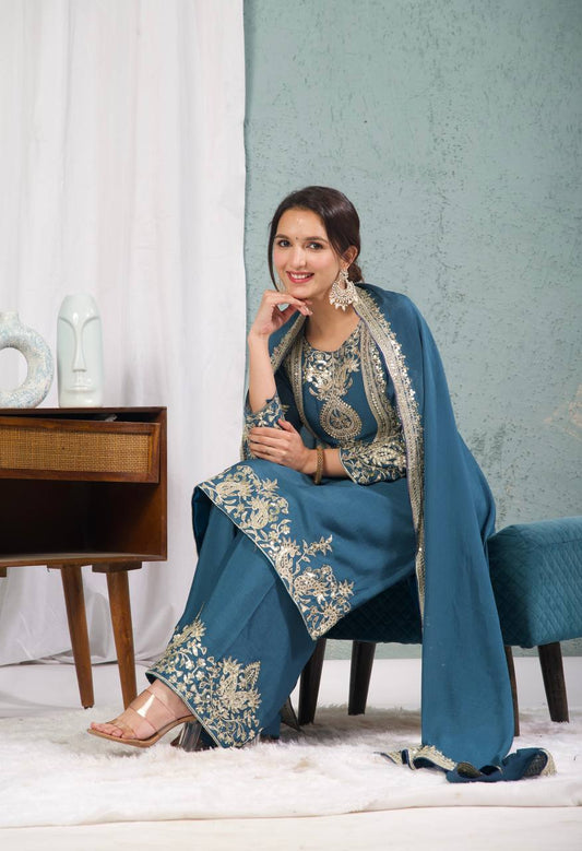 Graceful Pure Chinnon Silk Ensemble Showcasing Heavy All-Over Coding Sequin Embroidery Work