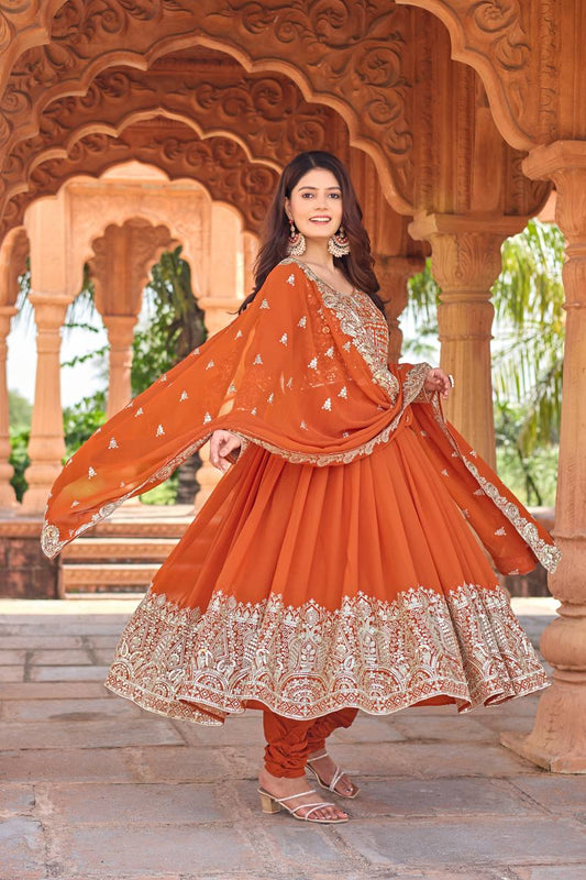 Elegant Party Wear Anarkali Gown in Faux Georgette with Embroidery and Dupatta