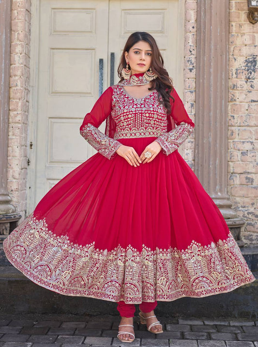 Elegant Party Wear Anarkali Gown in Faux Georgette with Embroidery and Dupatta