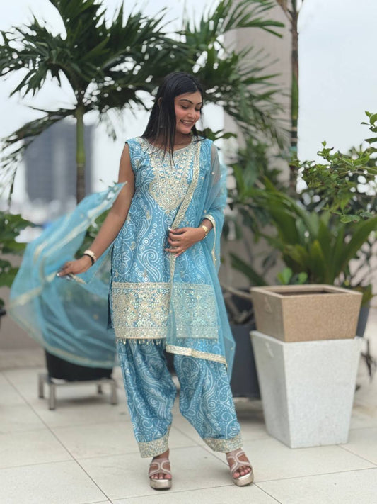 Designer Dhoti Suit Set in Pure Chinon Silk with Heavy Embroidery & Digital Print
