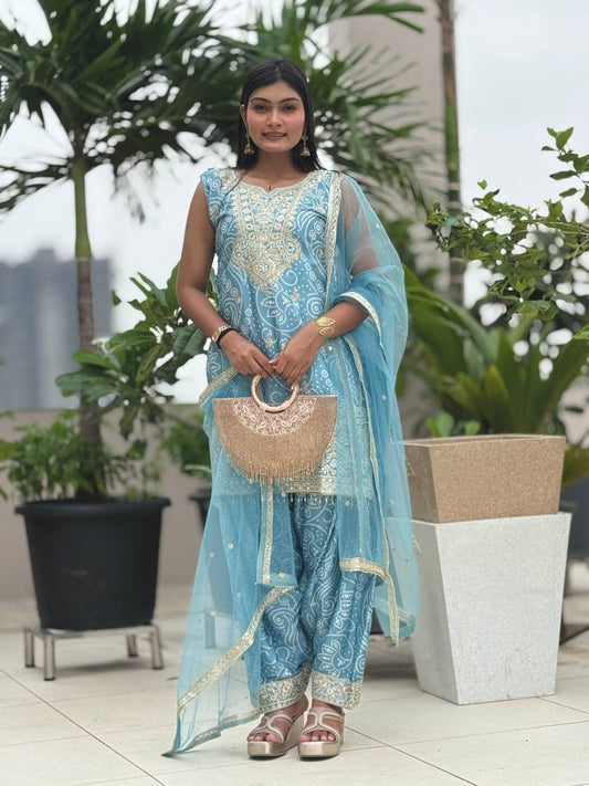 Designer Dhoti Suit Set in Pure Chinon Silk with Heavy Embroidery & Digital Print