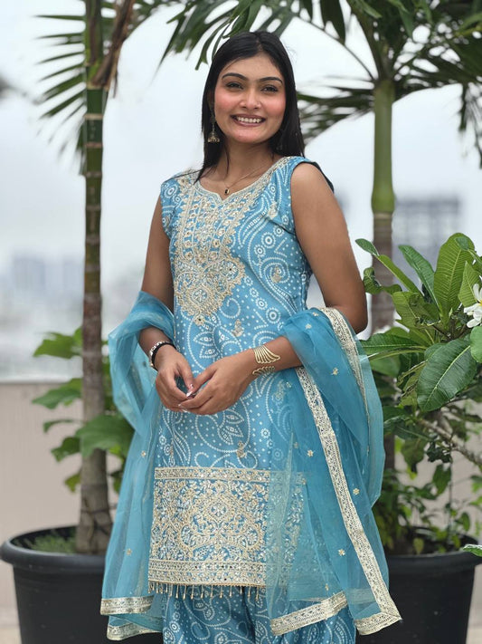 Designer Dhoti Suit Set in Pure Chinon Silk with Heavy Embroidery & Digital Print
