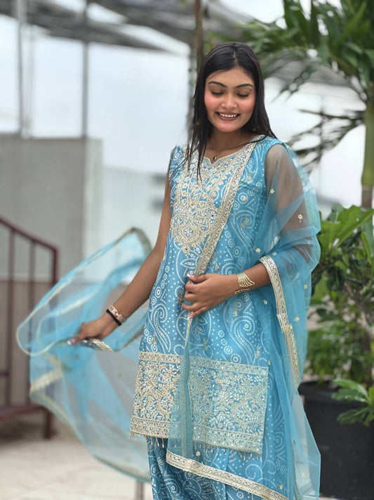 Designer Dhoti Suit Set in Pure Chinon Silk with Heavy Embroidery & Digital Print