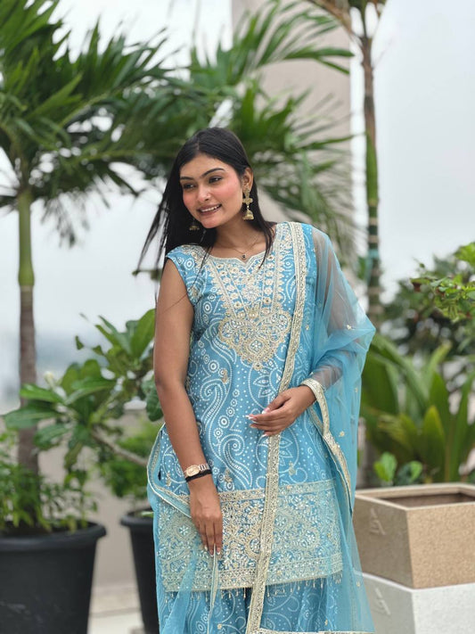 Designer Dhoti Suit Set in Pure Chinon Silk with Heavy Embroidery & Digital Print