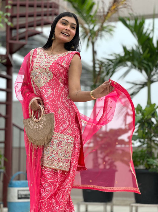 Designer Dhoti Suit Set in Pure Chinon Silk with Heavy Embroidery & Digital Print