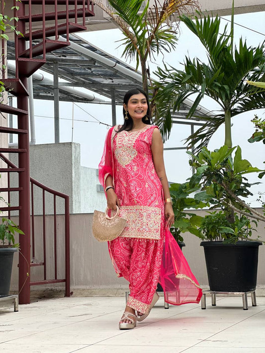 Designer Dhoti Suit Set in Pure Chinon Silk with Heavy Embroidery & Digital Print