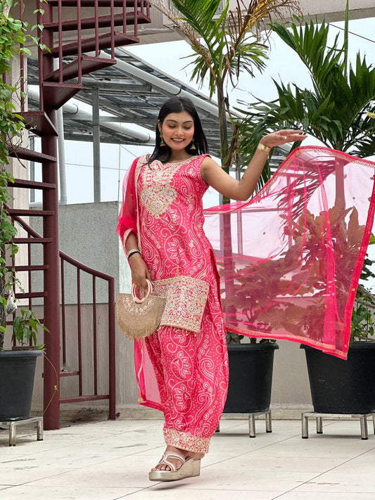 Designer Dhoti Suit Set in Pure Chinon Silk with Heavy Embroidery & Digital Print