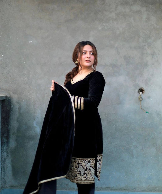 Premium Designer Velvet Ensemble with Embroidery and Fancy Dupatta