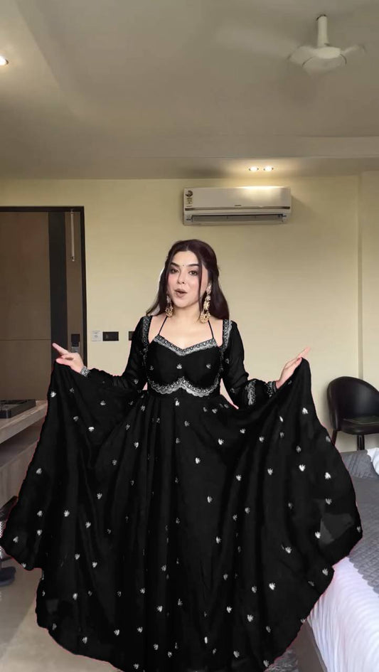 Aashna Shroff Designer Anarkali Set Crafted in Heavy Faux Georgette with Elegant Sequin Embroidery and Fancy Dupatta