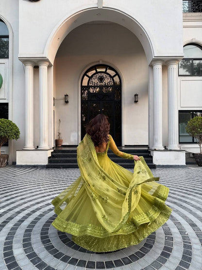 Indira-RT Butterfly net Kediya style shrug With Lehenga set