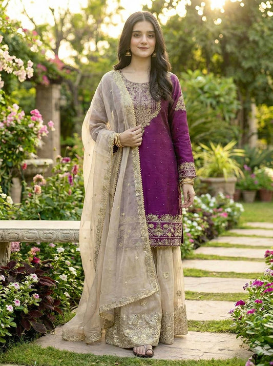 Vidhi-SR Heavy GMY SILK Full Sleeve top plazzo set