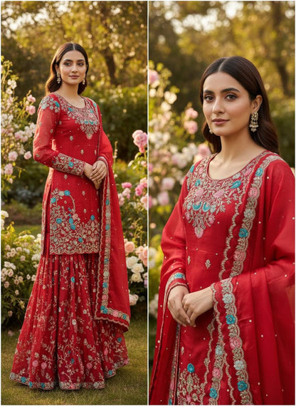 Myra-RT JMC silk Anarkali Sharara set