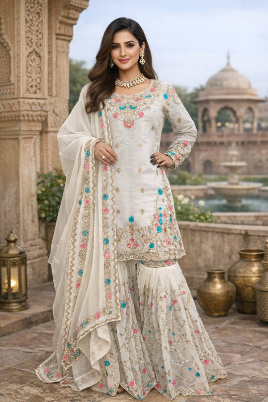 Myra-RT JMC silk Anarkali Sharara set