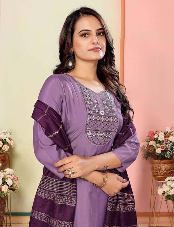 Dark Purple Silk Embroidery Straight Kurta Set