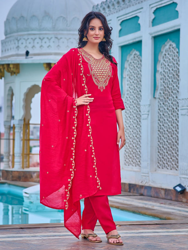 Women Chanderi Kurta With Pant And heavy embroidery Dupata Set