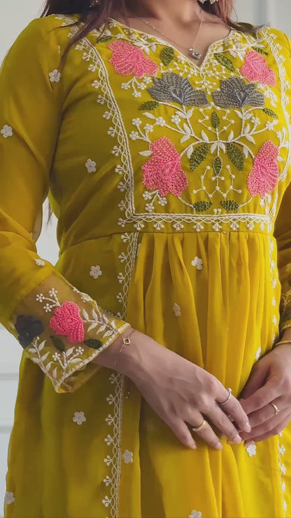Stylish Party Wear Ensemble with Heavy Faux Georgette Top, Pant, and Embroidered Fancy Dupatta
