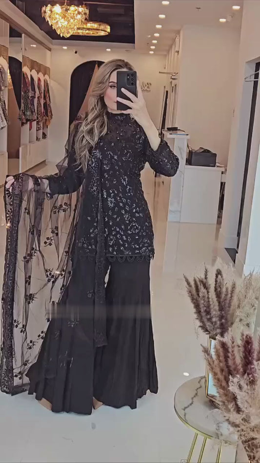 Premium Designer Ensemble in Heavy Fox Georgette with Embroidered Top, Plazzo & Fancy Dupatta