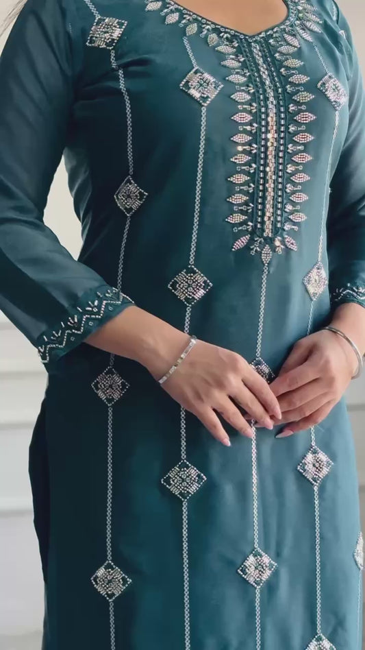 Designer Party Wear Blue Star Georgette Top and Pant Set with Moti Embroidery and Fancy Dupatta