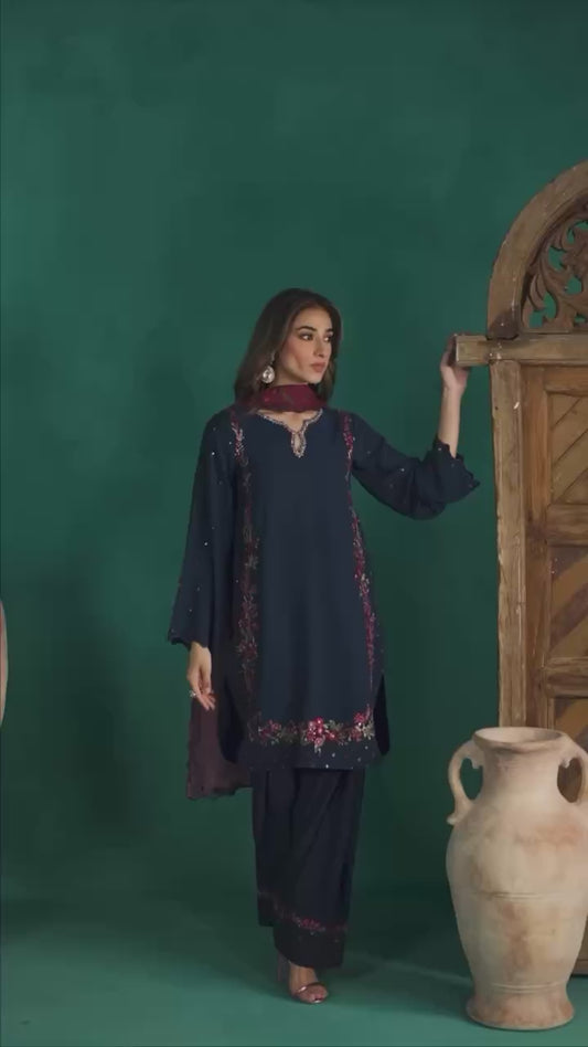 Exclusive Designer Farsi Top and Salwar with Intricate Embroidery and Fancy Dupatta