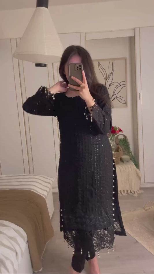 Party Wear Kurti and Pant Ensemble with Fancy Dupatta Featuring Heavy Embroidery and Lace