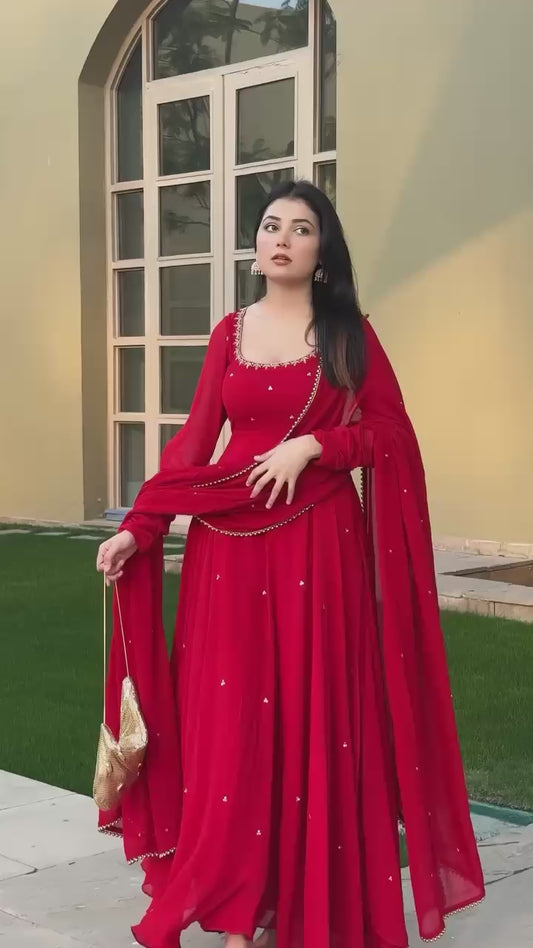 Hand-Embroidered Designer Gown in Faux Georgette with Diamond and Pearl Detailing