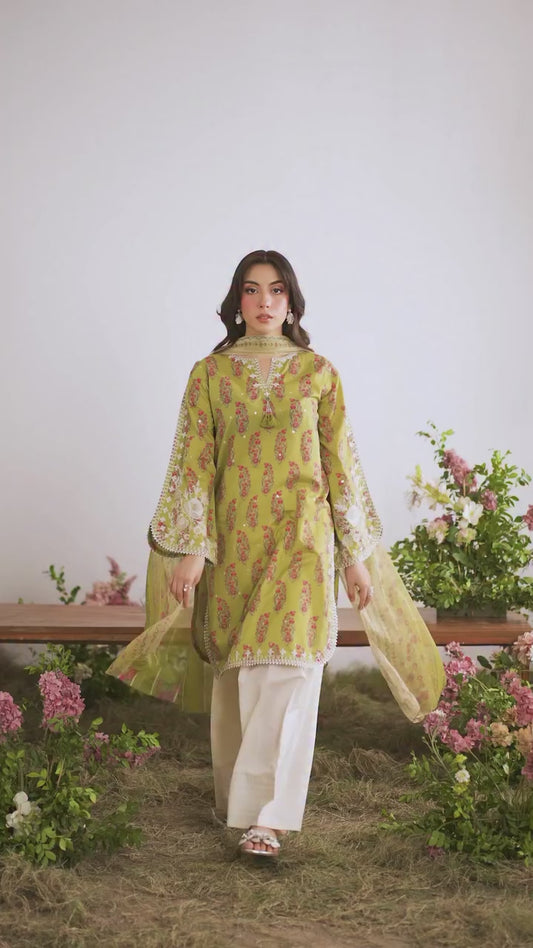 Designer Party Wear Top & Farshi Salwar Set in Heavy French Crepe with Digital Print & Embroidery