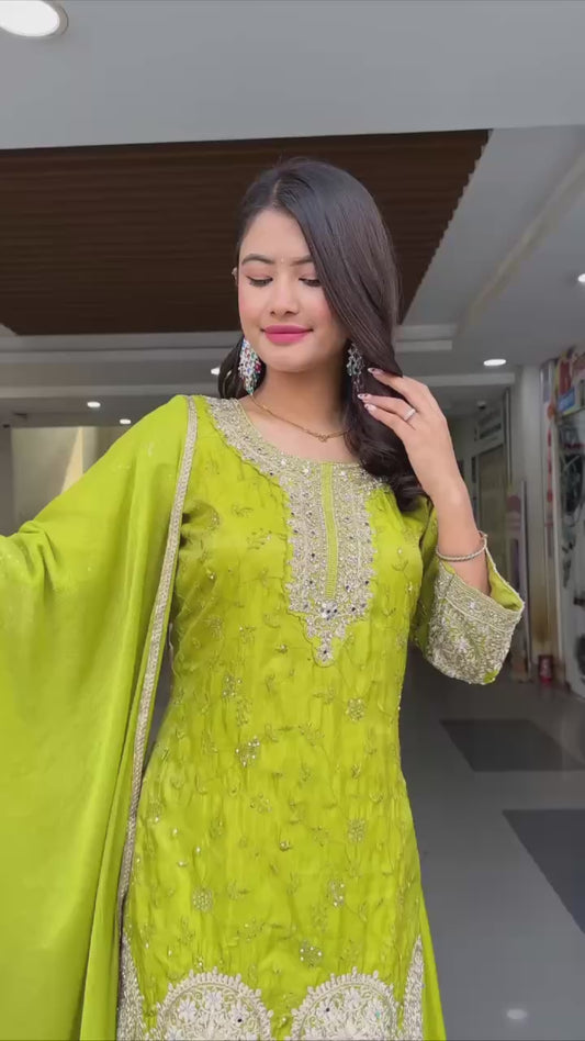 Designer Heavy Chinon Silk Top and Plazzo with Dupatta – Fully Stitched Embroidered Ensemble