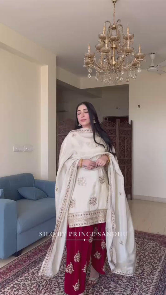 New Designer Party Wear Chinon Silk Top with Plazzo and Embroidered Dupatta
