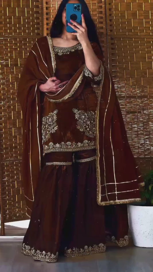 Fully Stitched Natural Crepe Designer Sharara Set with 5mm Sequence Embroidery