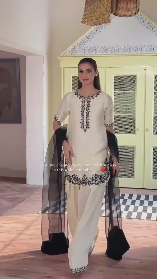 Party Wear Natural Crepe Top and Palazzo with Beads, Sequins, and Embroidery