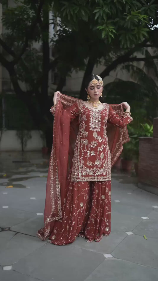 Party Ready Fox Georgette Embroidered Top Plazzo and Fancy Dupatta