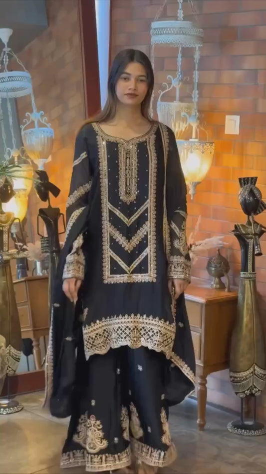 Premium Designer Look in Heavy Fox Georgette – Embroidered Top, Plazzo with Elastic Waist & Matching Dupatta
