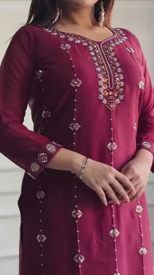 Designer Party Wear Look: Heavy Star Georgette Top and Pant with Moti Embroidery and Dupatta