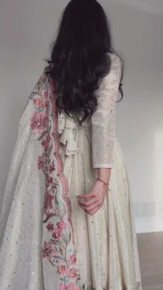 Elegant Fully Stitched Gown Ensemble with Heavy Embroidery and Butter Silk Pant