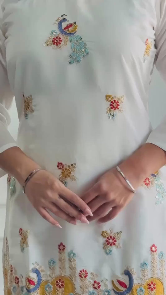 Designer Embroidered Roman Silk Top and Pant Set with Micro Cotton Inner