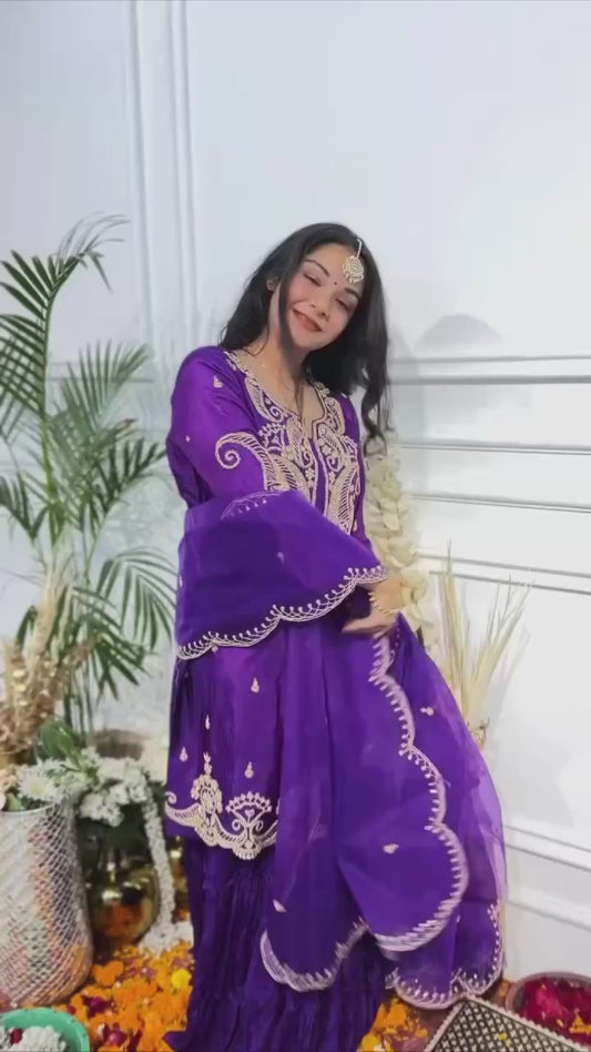 Designer Embroidered Chinon Silk Top and Sharara Suit with Fancy Dupatta