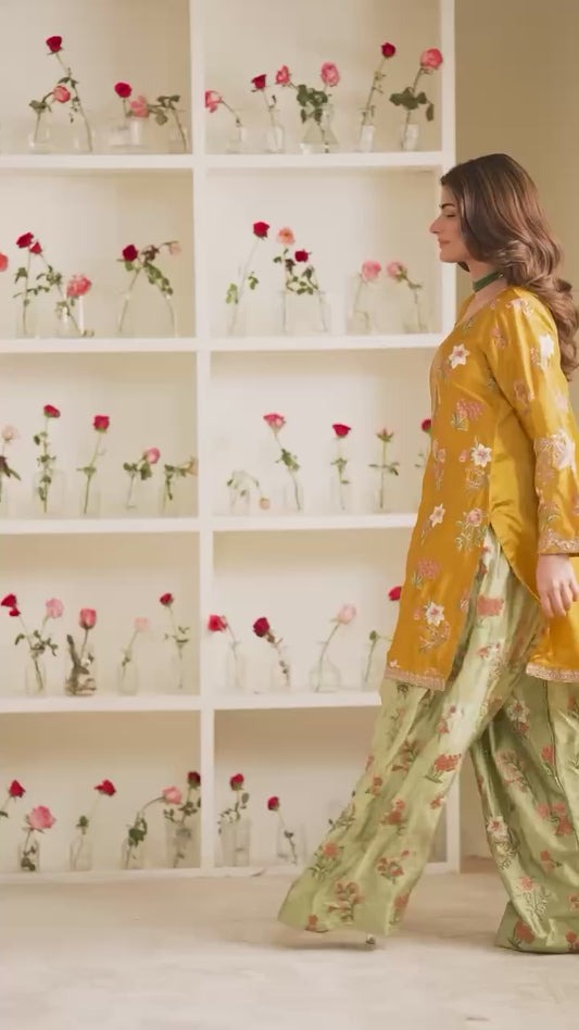 Designer Party Wear Set Featuring Heavy French Crepe Top and Sharara with Embroidery and Dupatta