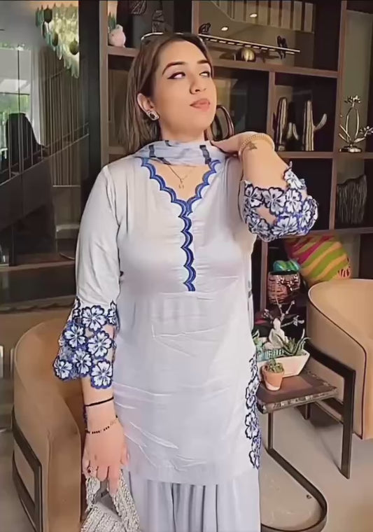 Party Wear Designer White Top and Farsi Salwar with Embroidery and Fancy Dupatta