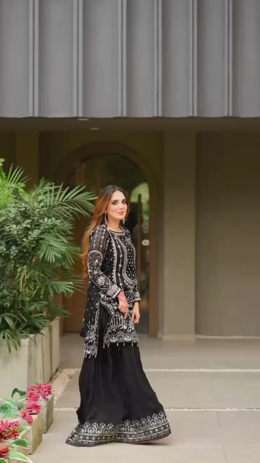 Meera -PD Faux Georgette Black Plazzo Set