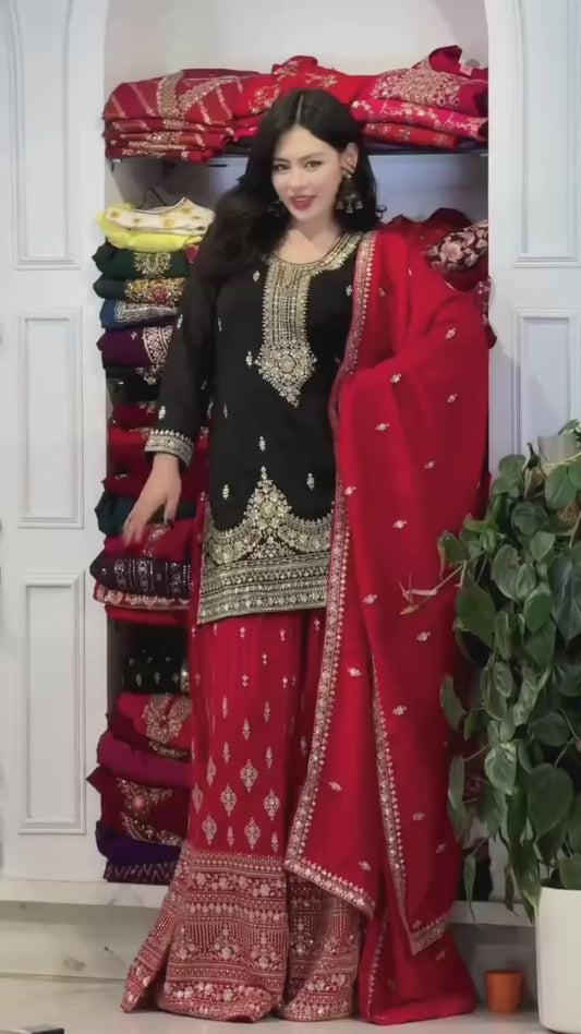 Full Embroidered Chinon Silk Suit Set with Sequins and Matching Dupatta